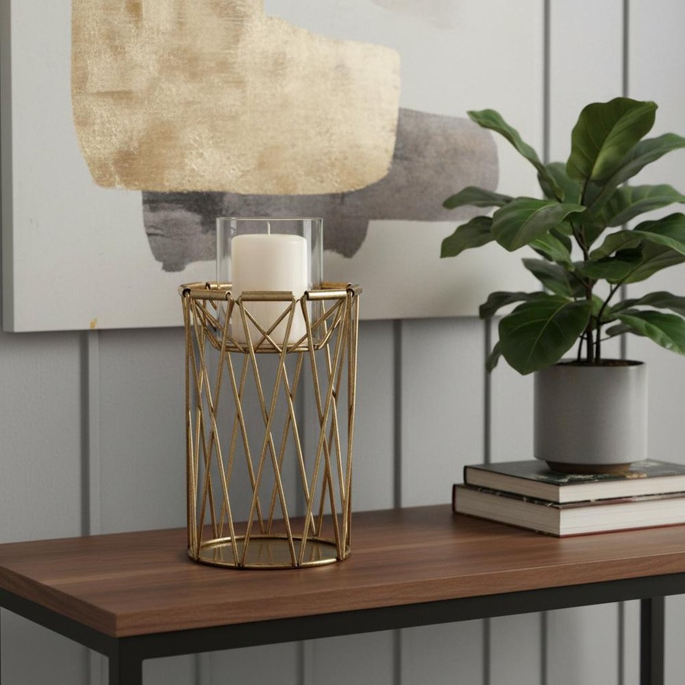8" Antiqued Brass Distressed Geometric Metal And Glass Tabletop Hurricane Candle Holder — view 5