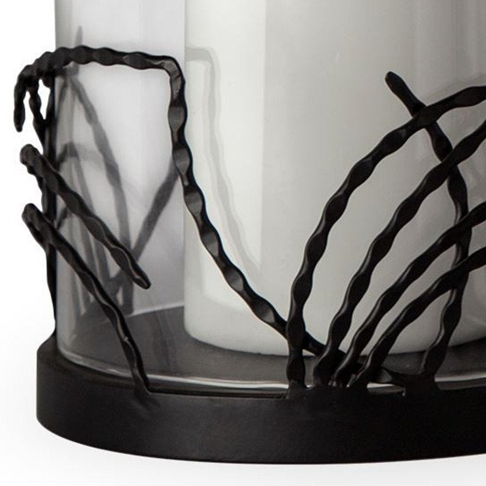 Set of Two Black Botanical Leaf Glass And Metal Tabletop Hurricane Candle Holders — view 3