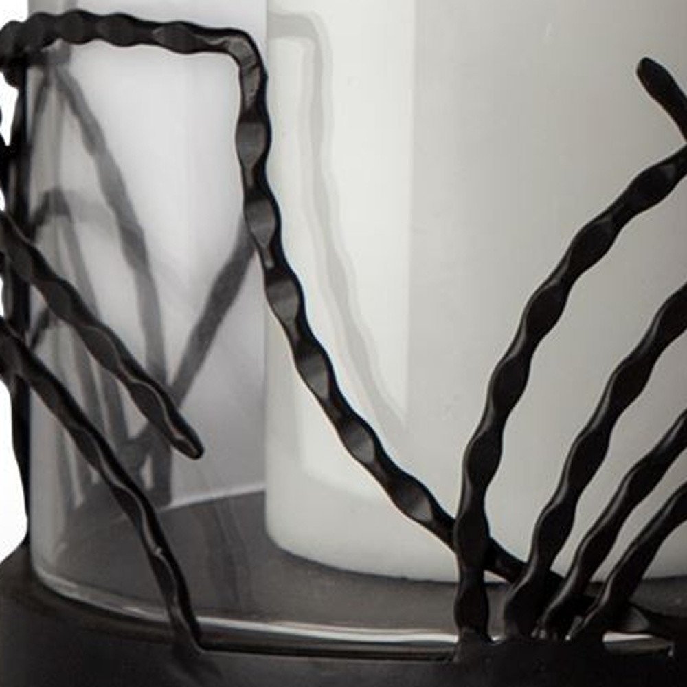 Set of Two Black Botanical Leaf Glass And Metal Tabletop Hurricane Candle Holders HomeRoots
