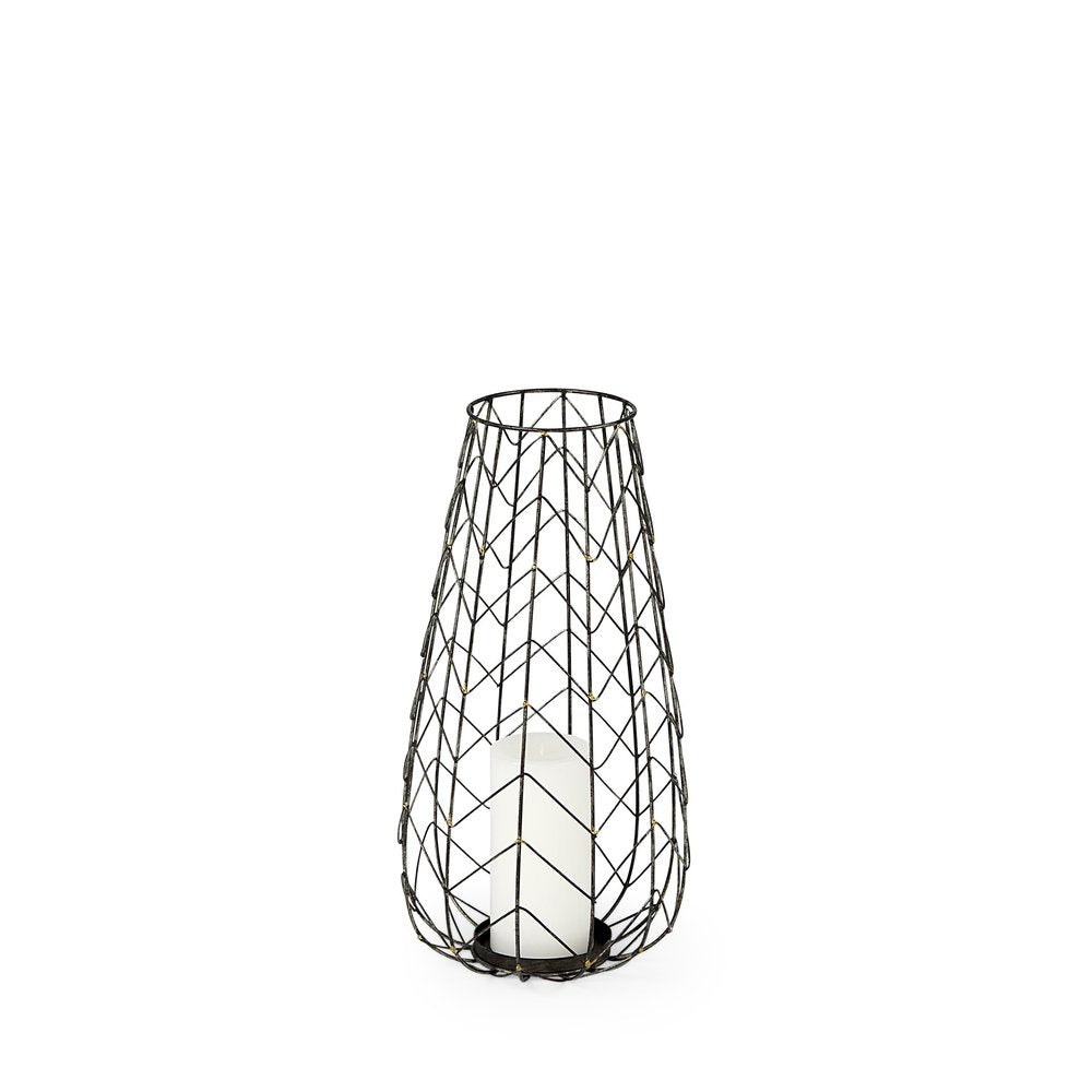16" Gold Distressed Lattice Metal Tabletop Lantern Candle Holder — view 1