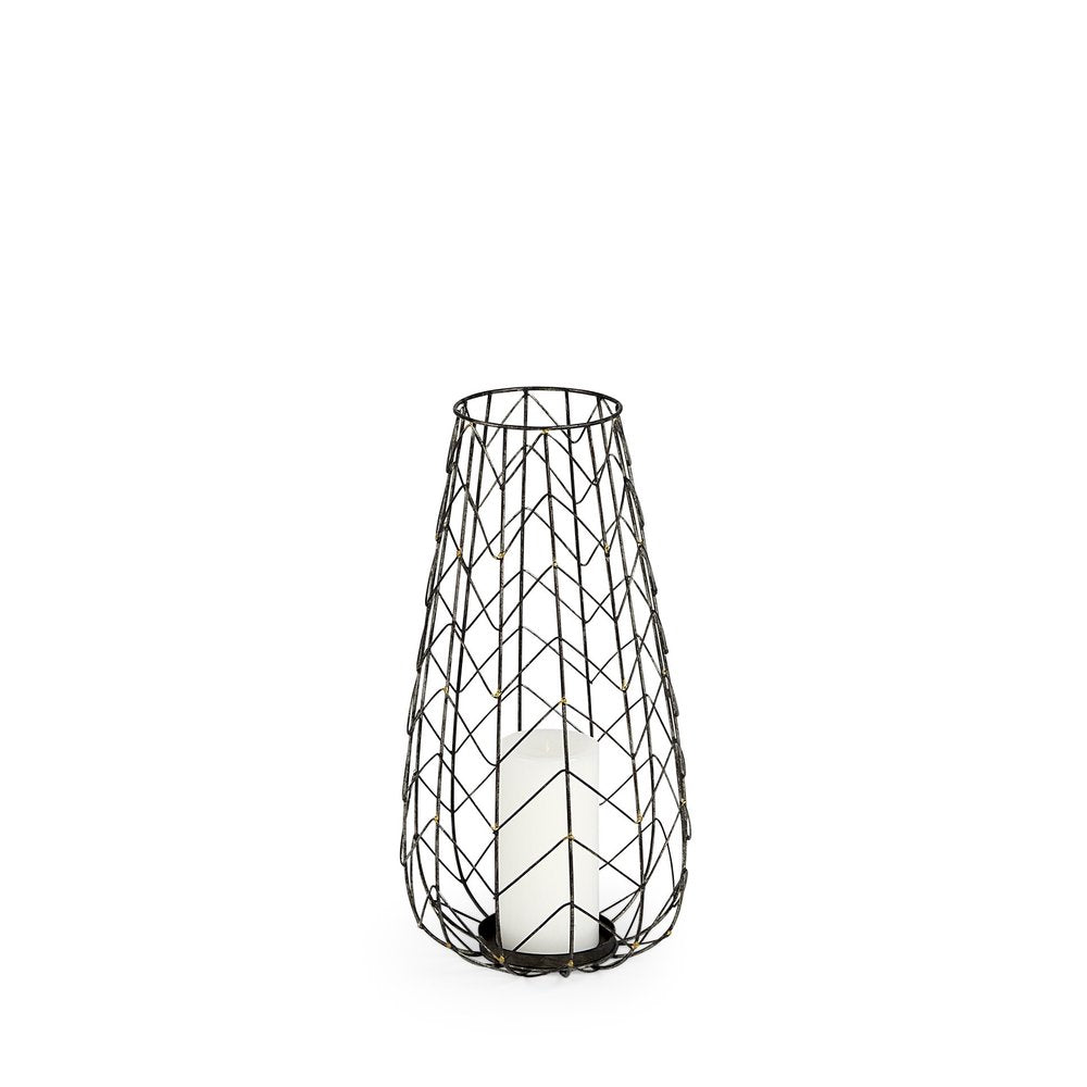 16" Gold Distressed Lattice Metal Tabletop Lantern Candle Holder HomeRoots