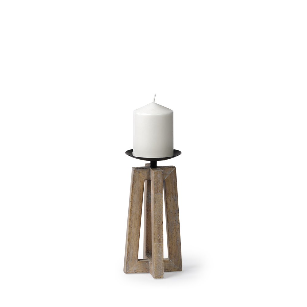 9" Light Brown Distressed Geometric Solid Wood And Metal Tabletop Pillar Candle Holder HomeRoots