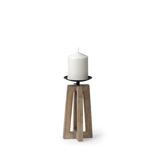 9" Light Brown Distressed Geometric Solid Wood And Metal Tabletop Pillar Candle Holder HomeRoots