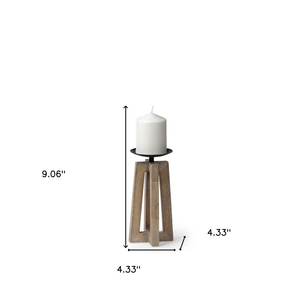 9" Light Brown Distressed Geometric Solid Wood And Metal Tabletop Pillar Candle Holder HomeRoots