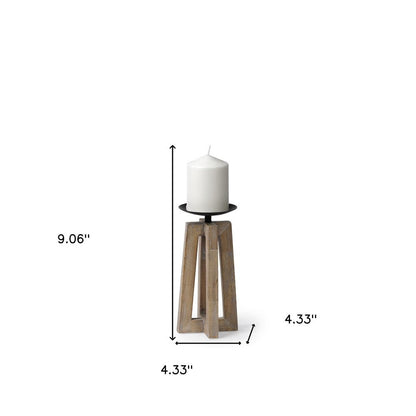 9" Light Brown Distressed Geometric Solid Wood And Metal Tabletop Pillar Candle Holder HomeRoots
