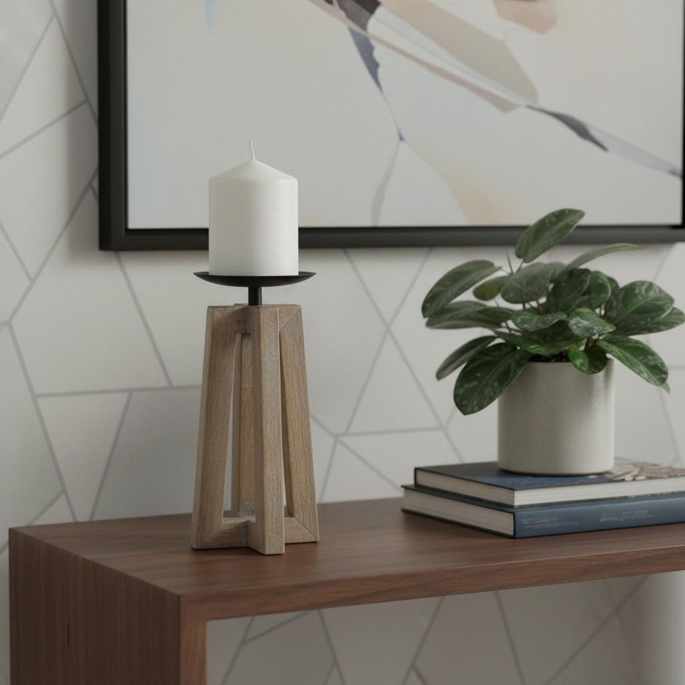 9" Light Brown Distressed Geometric Solid Wood And Metal Tabletop Pillar Candle Holder — view 5