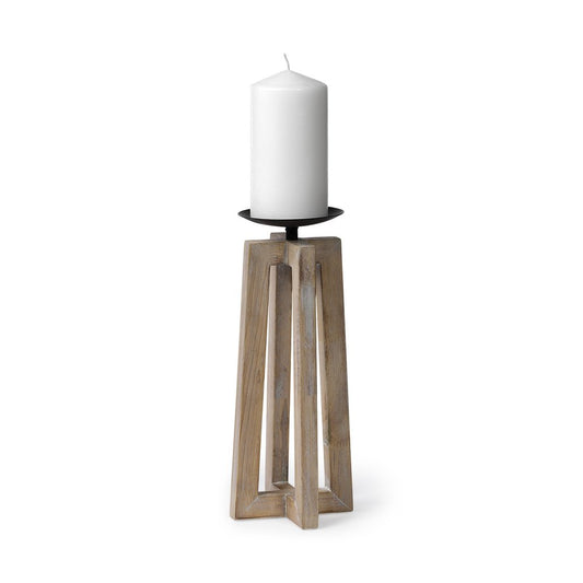 12" Light Brown Distressed Geometric Solid Wood And Metal Tabletop Pillar Candle Holder