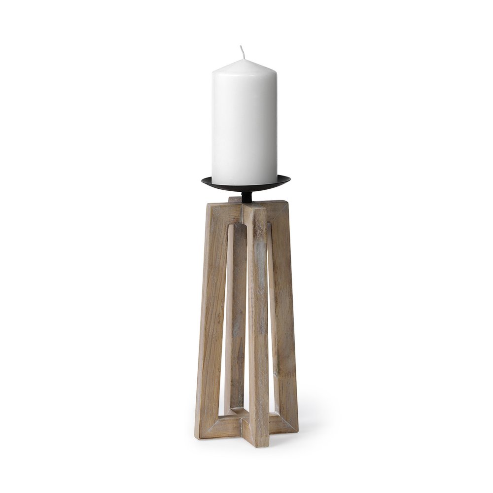 12" Light Brown Distressed Geometric Solid Wood And Metal Tabletop Pillar Candle Holder — view 1