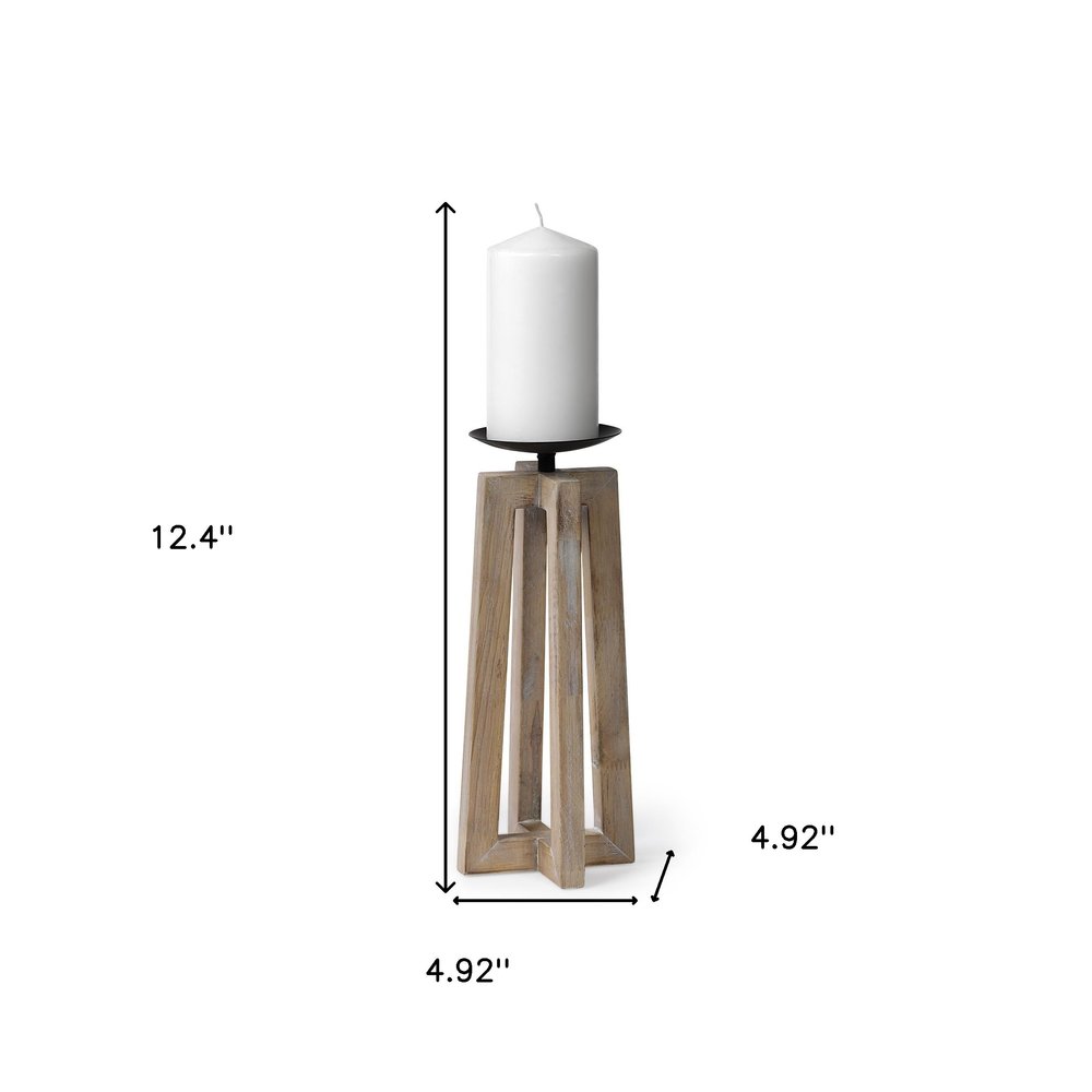 12" Light Brown Distressed Geometric Solid Wood And Metal Tabletop Pillar Candle Holder — view 4