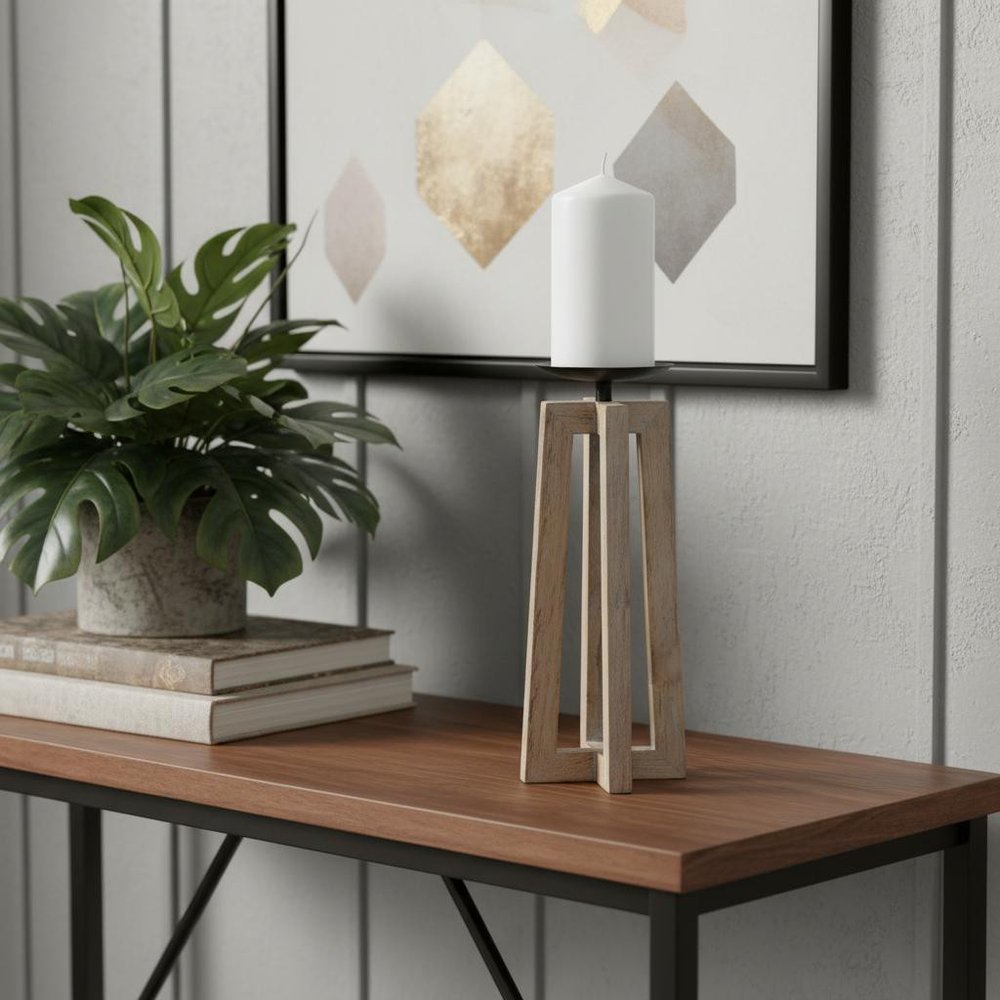 12" Light Brown Distressed Geometric Solid Wood And Metal Tabletop Pillar Candle Holder HomeRoots