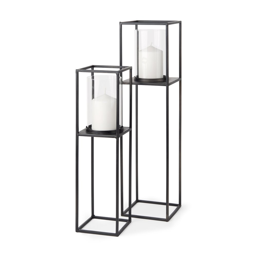 Set of Two Black Geometric Metal And Glass Tabletop Hurricane Candle Holders — view 1