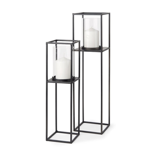 Set of Two Black Geometric Metal And Glass Tabletop Hurricane Candle Holders HomeRoots