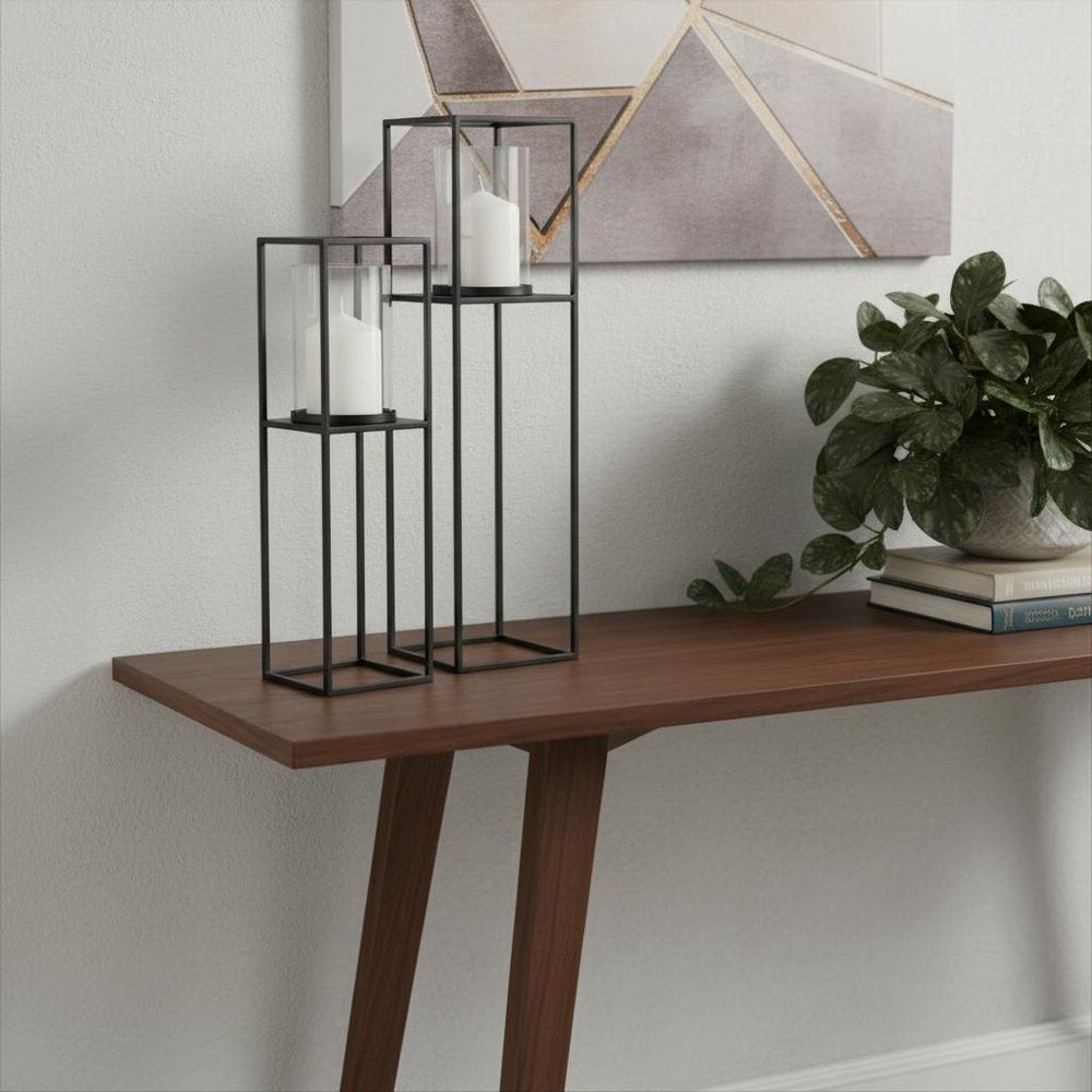 Set of Two Black Geometric Metal And Glass Tabletop Hurricane Candle Holders HomeRoots