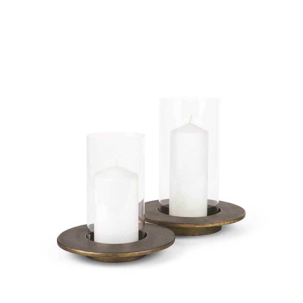 Set of Two Gold Distressed Geometric Metal Tabletop Hurricane Candle Holders HomeRoots