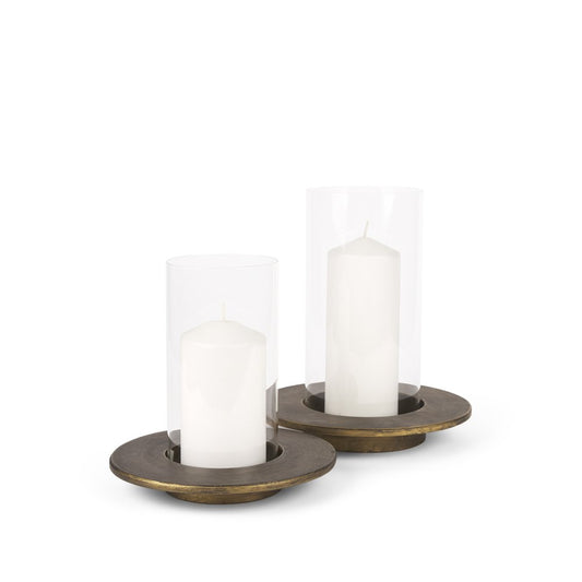 Set of Two Gold Distressed Geometric Metal Tabletop Hurricane Candle Holders HomeRoots