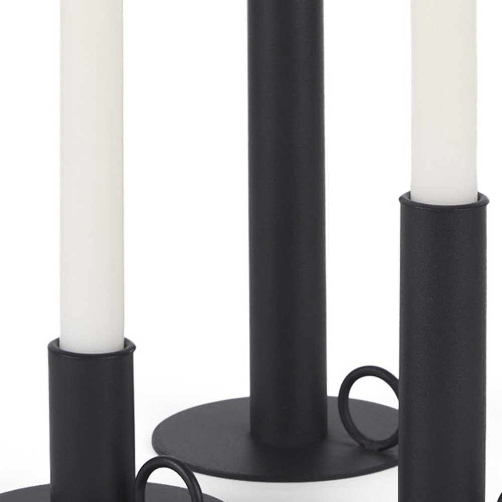 Set of Three Black Geometric Metal Tabletop Taper Candlesticks — view 2