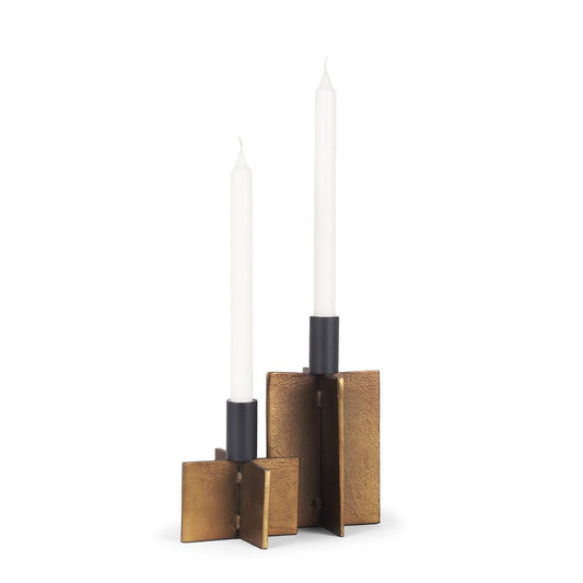 Set of Two Black And Antiqued Gold Distressed Geometric Metal Tabletop Taper Candle Holders HomeRoots