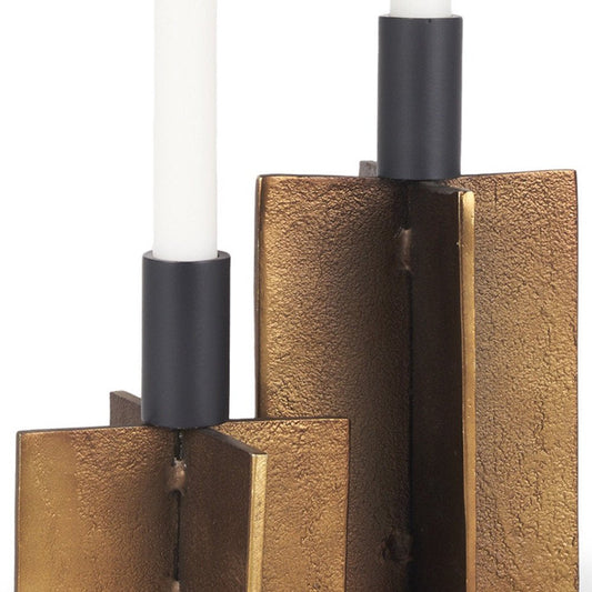 Set of Two Black And Antiqued Gold Distressed Geometric Metal Tabletop Taper Candle Holders