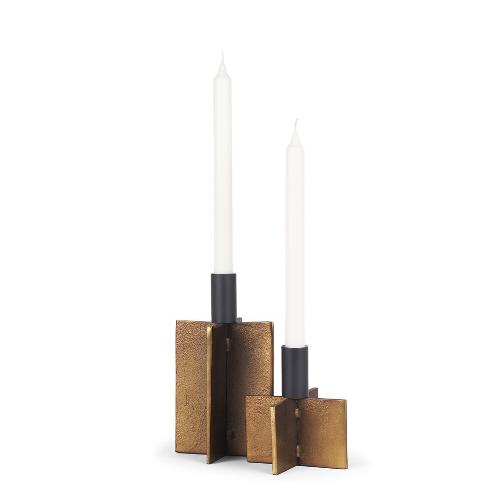 Set of Two Black And Antiqued Gold Distressed Geometric Metal Tabletop Taper Candle Holders HomeRoots
