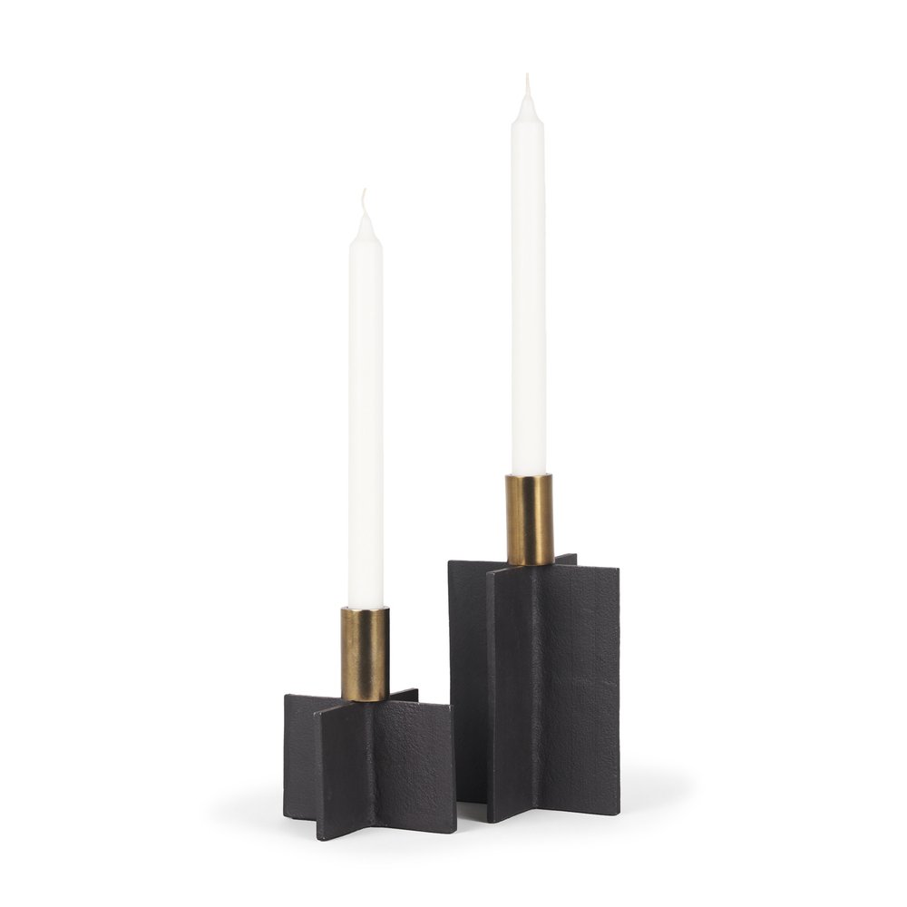 Set of Two Black And Gold Geometric Metal Tabletop Taper Candle Holders — view 1