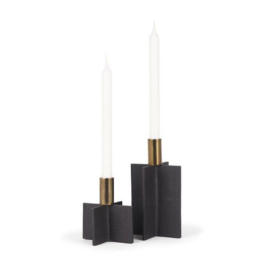 Set of Two Black And Gold Geometric Metal Tabletop Taper Candle Holders