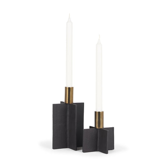 Set of Two Black And Gold Geometric Metal Tabletop Taper Candle Holders HomeRoots
