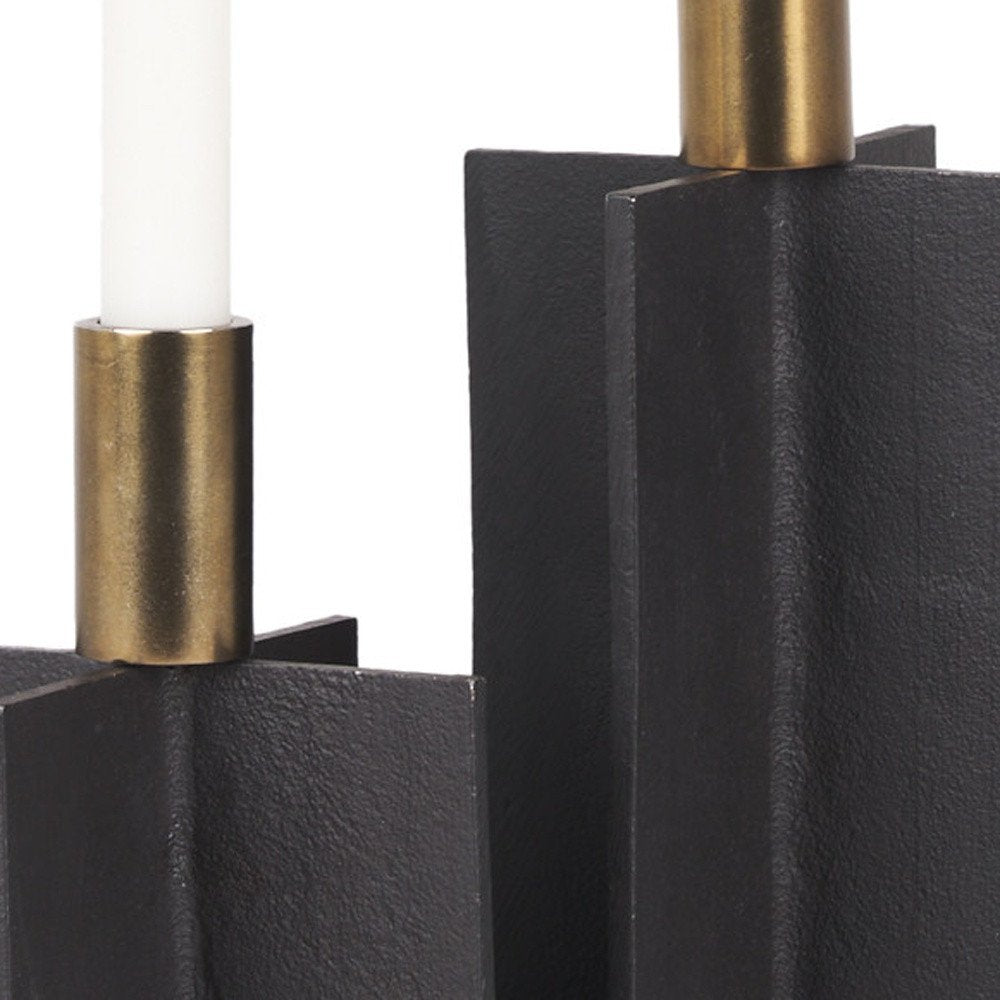 Set of Two Black And Gold Geometric Metal Tabletop Taper Candle Holders HomeRoots