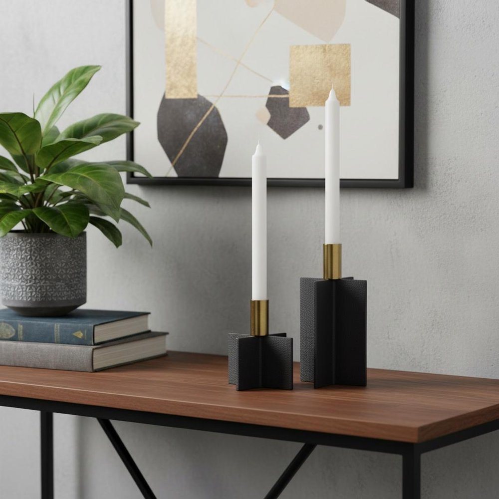 Set of Two Black And Gold Geometric Metal Tabletop Taper Candle Holders HomeRoots