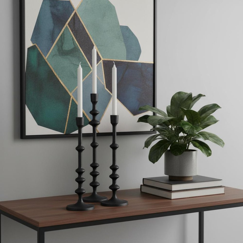 Set of Three Black Geometric Metal Tabletop Taper Candlesticks HomeRoots