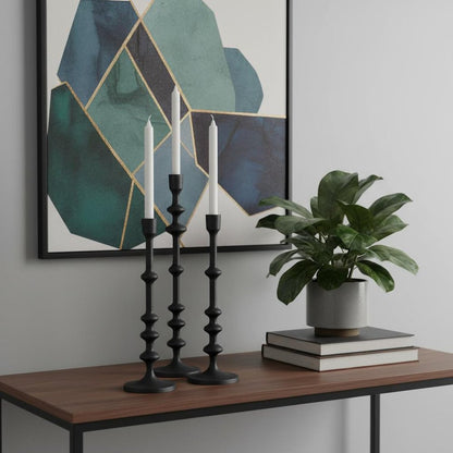Set of Three Black Geometric Metal Tabletop Taper Candlesticks HomeRoots