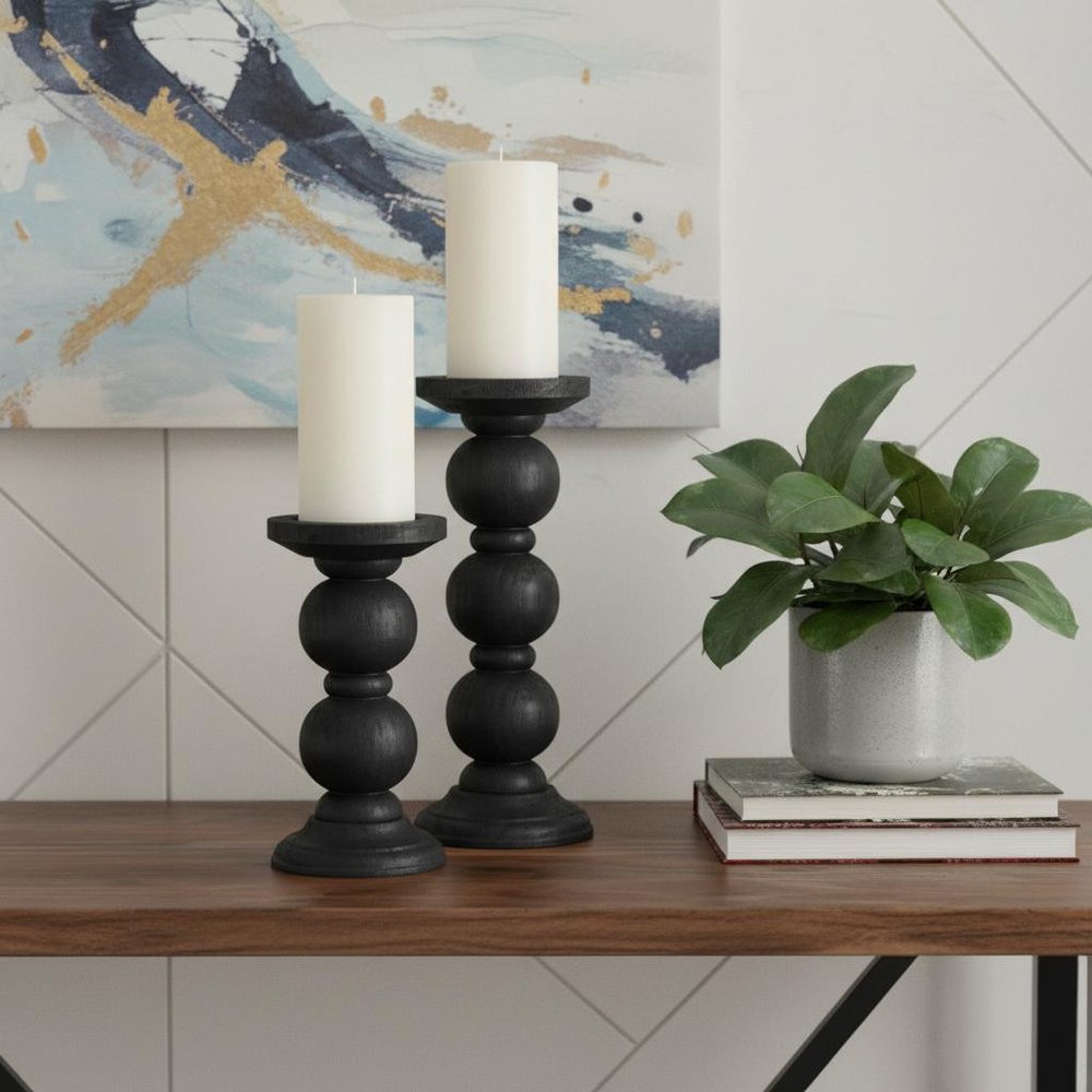 Set of Two Black Wood Abstract Tabletop Candle Holders HomeRoots