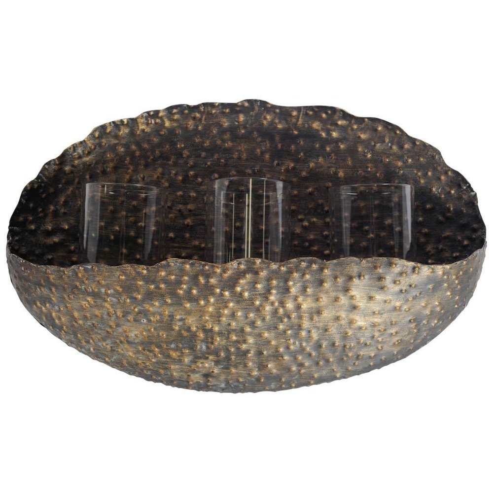 12" Bronze Distressed Hammered Glass And Metal Hurricane Candle Holder HomeRoots