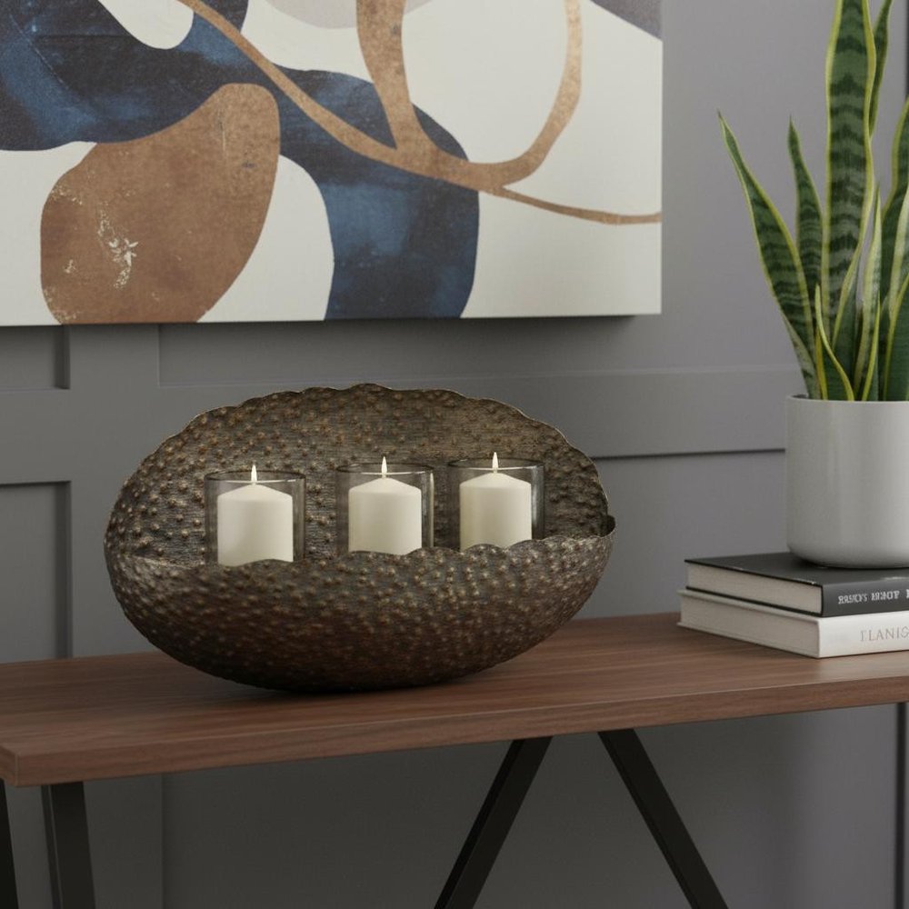 12" Bronze Distressed Hammered Glass And Metal Hurricane Candle Holder HomeRoots