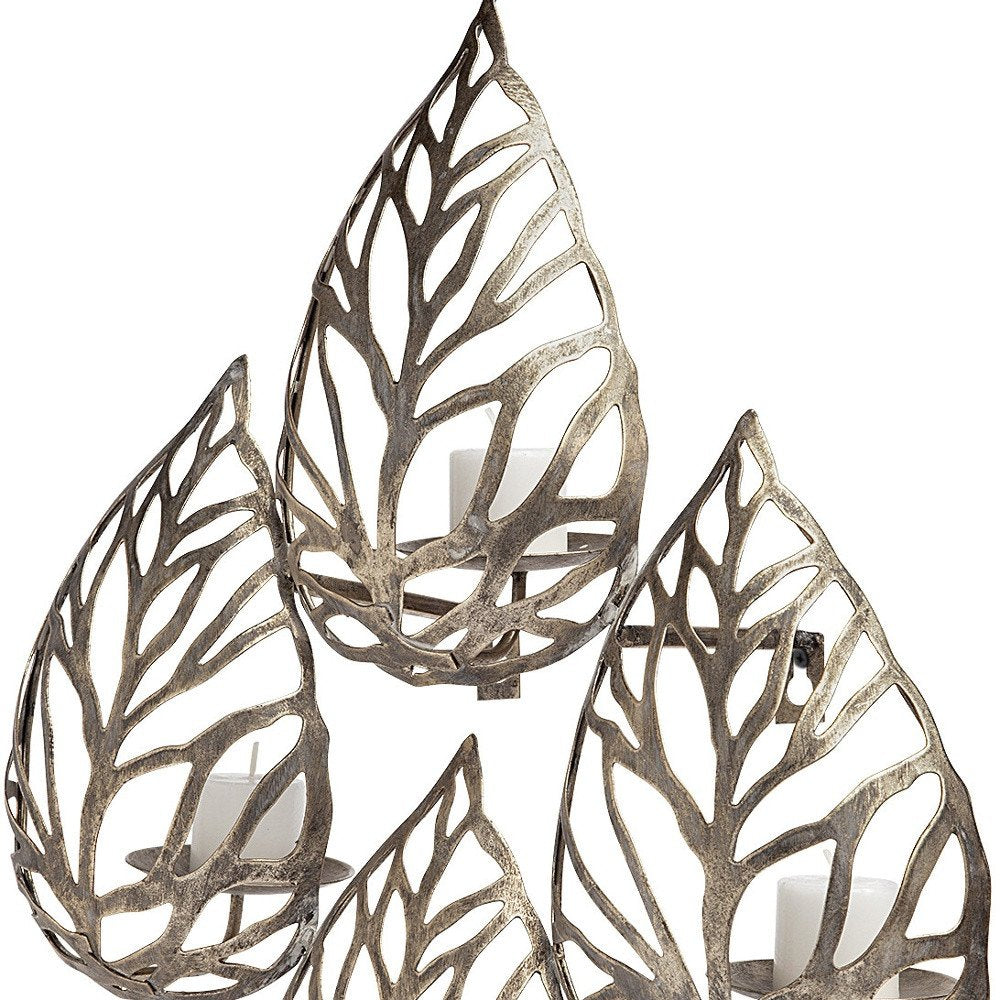 18" Champagne Distressed Botanical Leaf Metal Wall Sconce Candle Holder HomeRoots