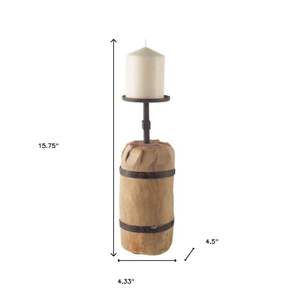16" Brown Distressed Abstract Solid Wood Tabletop Pillar Candle Holder HomeRoots