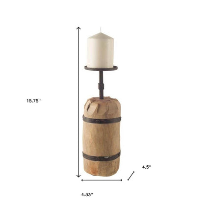16" Brown Distressed Abstract Solid Wood Tabletop Pillar Candle Holder HomeRoots