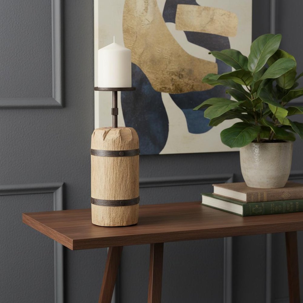 16" Brown Distressed Abstract Solid Wood Tabletop Pillar Candle Holder HomeRoots