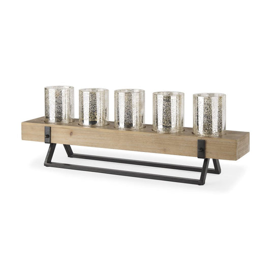 7" Black And Brown Distressed Mirrored Solid Wood Metal And Glass Tabletop Votive Candle Holder HomeRoots