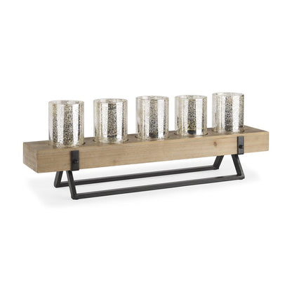 7" Black And Brown Distressed Mirrored Solid Wood Metal And Glass Tabletop Votive Candle Holder HomeRoots