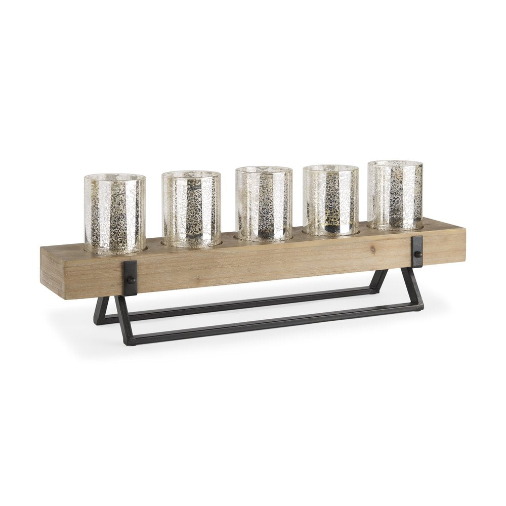 7" Black And Brown Distressed Mirrored Solid Wood Metal And Glass Tabletop Votive Candle Holder — view 3
