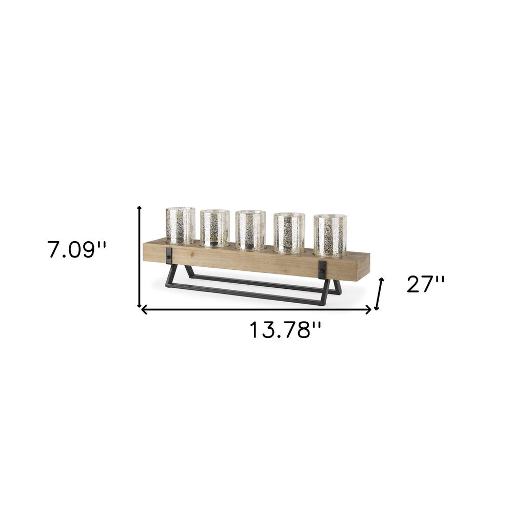 7" Black And Brown Distressed Mirrored Solid Wood Metal And Glass Tabletop Votive Candle Holder — view 4