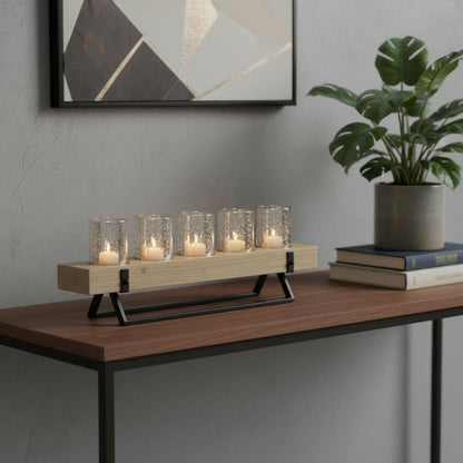 7" Black And Brown Distressed Mirrored Solid Wood Metal And Glass Tabletop Votive Candle Holder HomeRoots