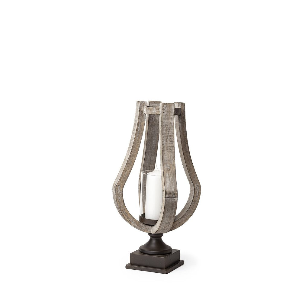 17" Brown Distressed Geometric Solid Wood And Metal Tabletop Hurricane Candle Holder HomeRoots