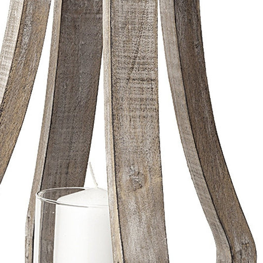 17" Brown Distressed Geometric Solid Wood And Metal Tabletop Hurricane Candle Holder HomeRoots