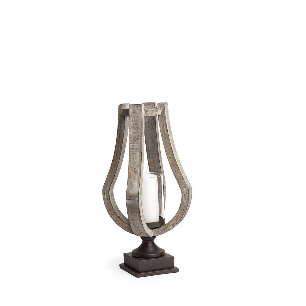 17" Brown Distressed Geometric Solid Wood And Metal Tabletop Hurricane Candle Holder — view 3