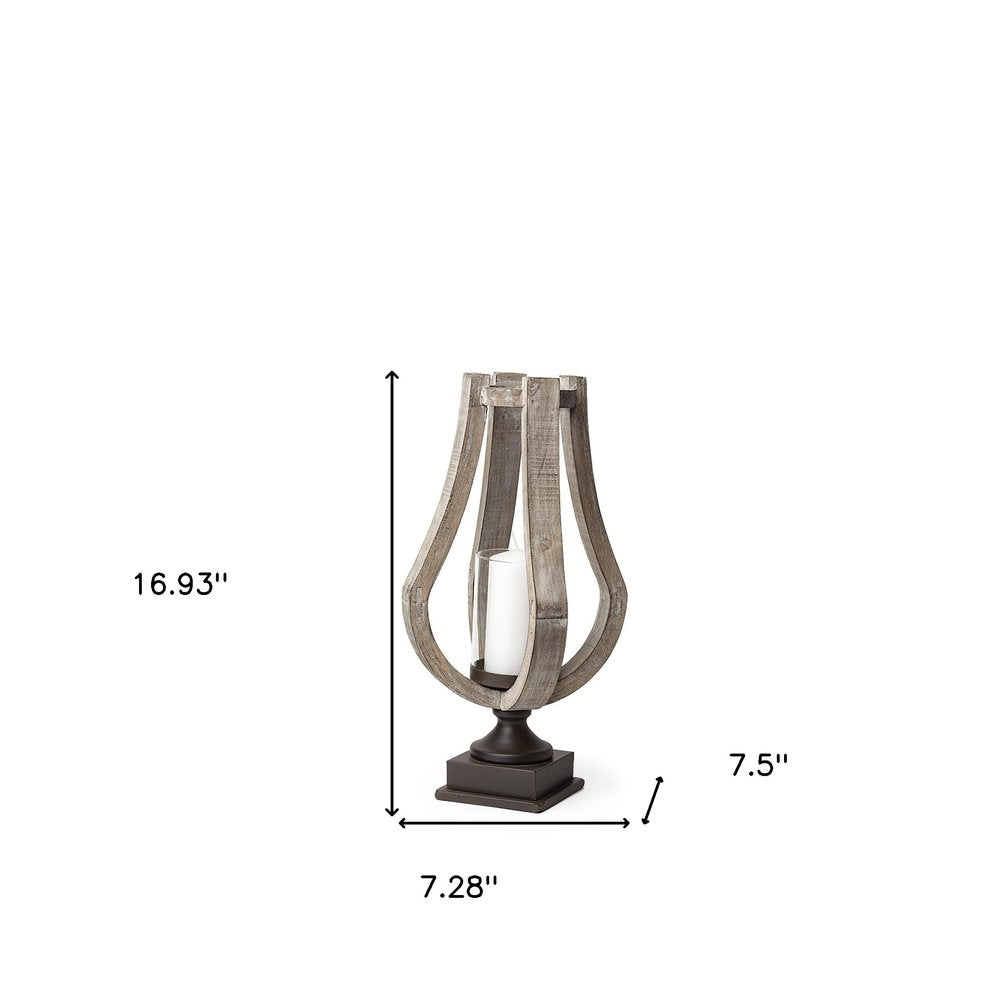 17" Brown Distressed Geometric Solid Wood And Metal Tabletop Hurricane Candle Holder HomeRoots