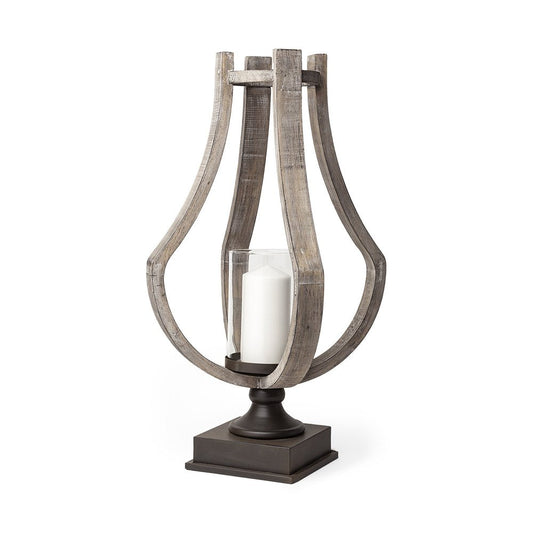 25" Brown Distressed Geometric Solid Wood Metal And Glass Tabletop Hurricane Candle Holder HomeRoots