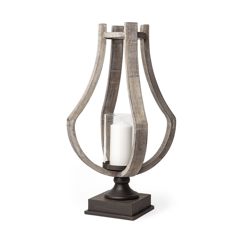 25" Brown Distressed Geometric Solid Wood Metal And Glass Tabletop Hurricane Candle Holder HomeRoots
