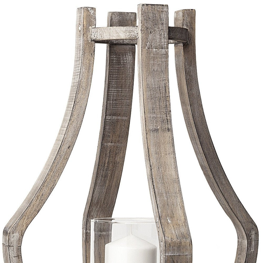 25" Brown Distressed Geometric Solid Wood Metal And Glass Tabletop Hurricane Candle Holder — view 3