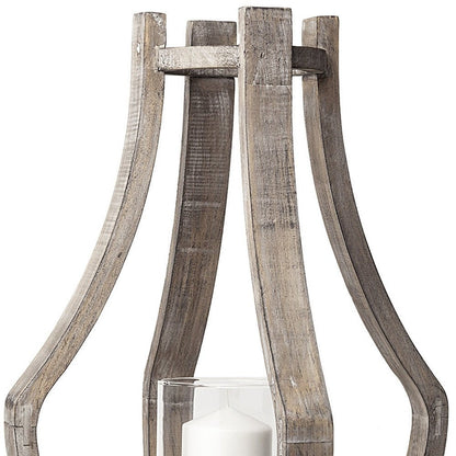 25" Brown Distressed Geometric Solid Wood Metal And Glass Tabletop Hurricane Candle Holder HomeRoots